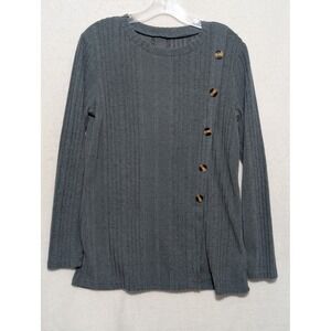 Unbranded Charcoal Grey Ribbed Knit Long Sleeve Top Asymmetrical Button Detail S